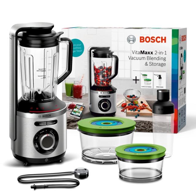 Блендер Bosch MMBV625M, VitaMaxx, Vacuum blender, 1000 W, Glass container 1.5l, Vacuum ToGo bottle (0.5l) & 2 Vacuum boxes (1.5l and 0.75l), Silver