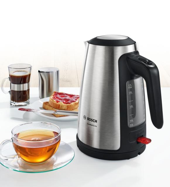Електрическа кана Bosch TWK6A813, Plastic Kettle, ComfortLine, 2000-2400 W, 1.7 l, OneCup function, Stainless steel
