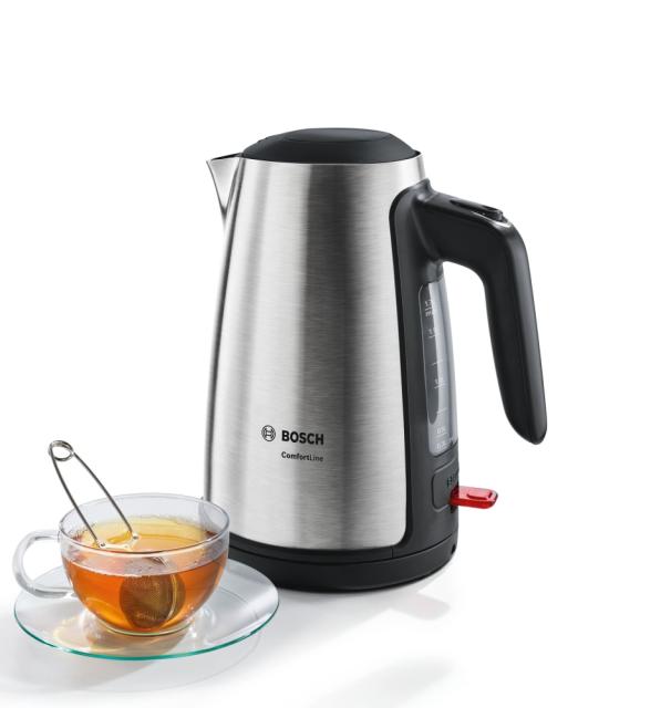 Електрическа кана Bosch TWK6A813, Plastic Kettle, ComfortLine, 2000-2400 W, 1.7 l, OneCup function, Stainless steel