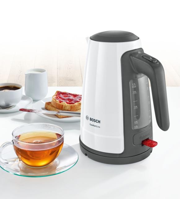 Електрическа кана Bosch TWK6A011, Plastic kettle, ComfortLine, 2000-2400 W, 1.7 l, OneCup function, White