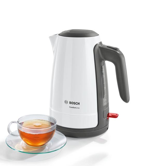 Електрическа кана Bosch TWK6A011, Plastic kettle, ComfortLine, 2000-2400 W, 1.7 l, OneCup function, White