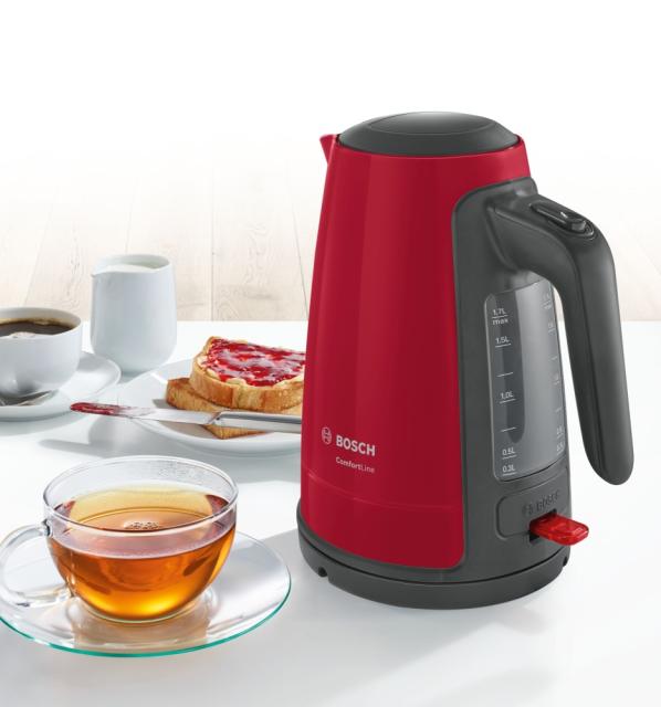 Електрическа кана Bosch TWK6A014, Plastic kettle, ComfortLine, 2000-2400 W, 1.7 l, OneCup function, Red