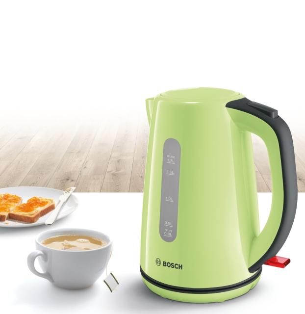 Електрическа кана Bosch TWK7506, Plastic kettle, cordless, 1850-2200 W, 1.7 l capacity, automatic switch off, matcha green/black grey