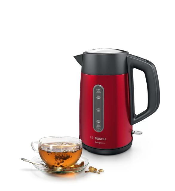 Електрическа кана Bosch TWK4P434, Kettle, DesignLine, 2000-2400 W, 1.7 l,  OneCup function, Red