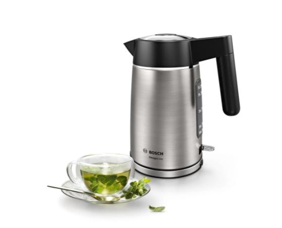 Електрическа кана Bosch TWK5P480, Stainless steel Kettle, 2400 W, 1.7 l, Cup indicator, Optimal spout, Triple Safety function, Covered heater, Stainless steel