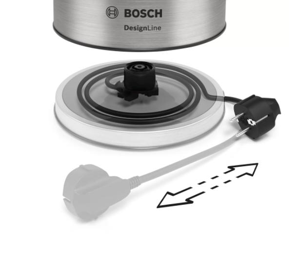 Електрическа кана Bosch TWK5P480, Stainless steel Kettle, 2400 W, 1.7 l, Cup indicator, Optimal spout, Triple Safety function, Covered heater, Stainless steel