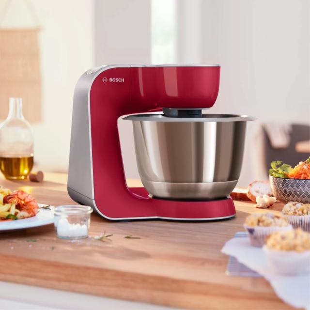 Кухненски робот Bosch MUM58720, Kitchen machine, MUM5, 1000 W, 3D PlanetaryMixing, 7 speeds, 3.9l stainless steel bowl, add accessories, Red - silver