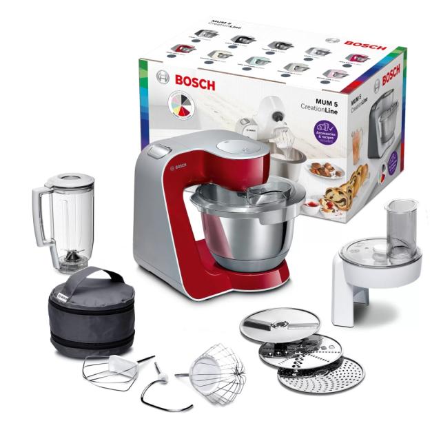 Кухненски робот Bosch MUM58720, Kitchen machine, MUM5, 1000 W, 3D PlanetaryMixing, 7 speeds, 3.9l stainless steel bowl, add accessories, Red - silver