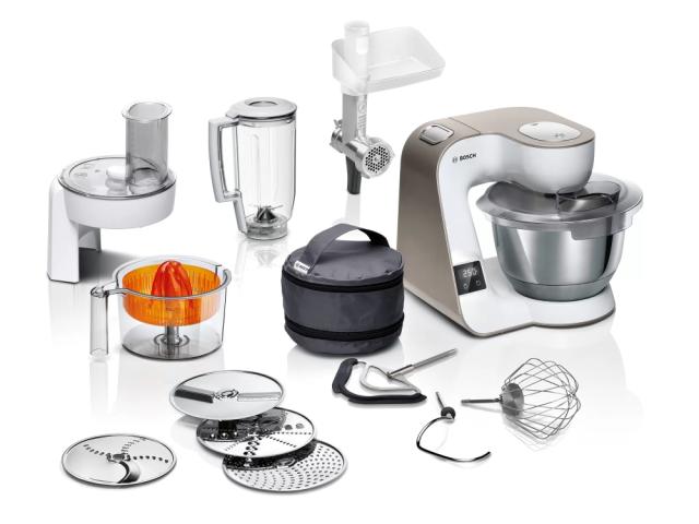 Кухненски робот Bosch MUM5XW40, Compact Kitchen Machine, MUM5 scale, 3D Planetary Mixing, 1000 W, add. Meat grinder, Citrus press,White - champagne