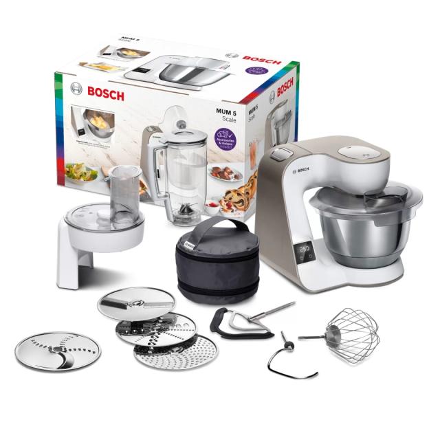 Кухненски робот Bosch MUM5XW20, Compact Kitchen Machine, MUM5 scale, 3D Planetary Mixing, 1000 W, White - champagne