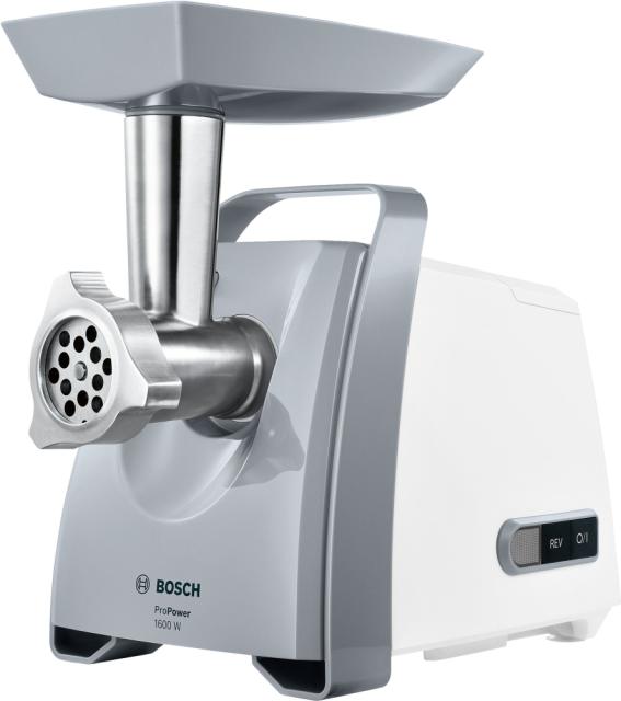 Месомелачка Bosch MFW45020, Meat mincer, ProPower, 500 W - 1600W, Discs: 3,8 / 8 mm, Sausage attachment, Kebbe attachment, Out: 2.7kg/min, White