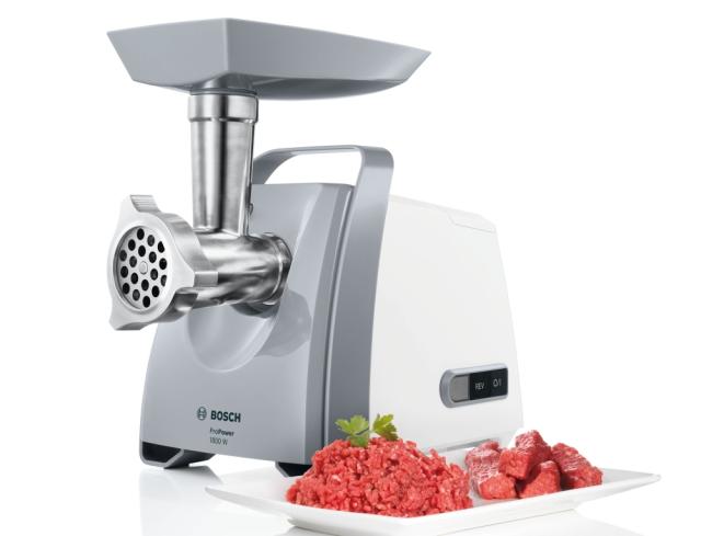 Месомелачка Bosch MFW45020, Meat mincer, ProPower, 500 W - 1600W, Discs: 3,8 / 8 mm, Sausage attachment, Kebbe attachment, Out: 2.7kg/min, White