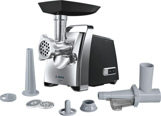 Месомелачка Bosch MFW67450, Meat mincer ProPower, 700W - 2000W, Discs: 3 / 4,8 / 8 mm; Sausage attachment; Attachment for kibbutz / meatballs; Fruit pressing attachment; Out: 3.5kg/min, Black