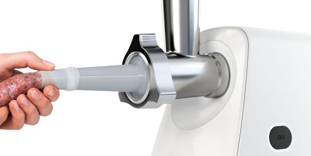 Месомелачка Bosch MFW2517W Meat mincer SmartPower; 350W - 1500W; Discs: 3.8/ 8 mm, Sausage attachment; Shredding nozzle, 3 tanks; Fruit pressing attachment; Out: 1.7kg/min; White 