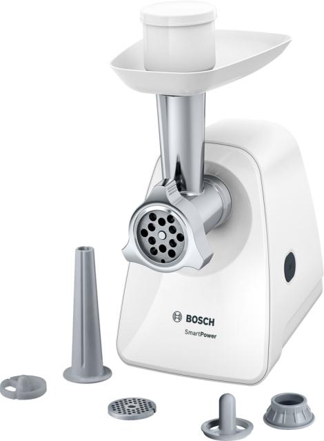 Месомелачка Bosch MFW2520W, Meat mincer SmartPower; 350W - 1500W; Discs: 3.8/ 8 mm; Sausage attachment; Attachment for kibbutz / meatballs; Out: 1.7kg/min; White