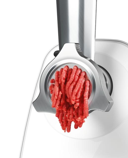 Месомелачка Bosch MFW2520W, Meat mincer SmartPower; 350W - 1500W; Discs: 3.8/ 8 mm; Sausage attachment; Attachment for kibbutz / meatballs; Out: 1.7kg/min; White