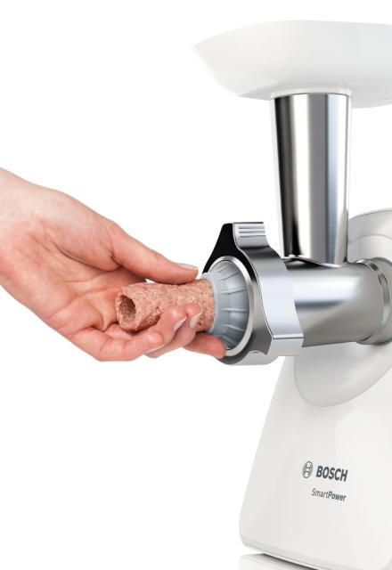Месомелачка Bosch MFW2520W, Meat mincer SmartPower; 350W - 1500W; Discs: 3.8/ 8 mm; Sausage attachment; Attachment for kibbutz / meatballs; Out: 1.7kg/min; White
