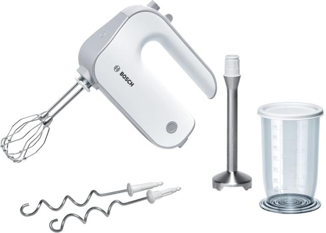 Миксер Bosch MFQ4070, Hand mixer, Styline, 500 W, White, with innovative FineCreamer stirrers,  Included blender & transparent jug, 5 speed settings, additional pulse/turbo setting, white