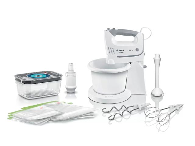 Миксер Bosch MFQ364V6, Hand mixer, 450 W, Fresh Vacuum, Vacuum pump, vacuum container (1.0 l), 3 vacuum bags of the type (1.2 l and 3.8 l)., included bowl and stand, 5 speed settings, additional pulse/turbo setting, White