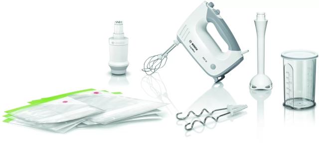Миксер Bosch MFQ364V0, Hand mixer, 450 W, Fresh Vacuum, Vacuum pump, included nozzle-blender &  transparent jug, 5 speed settings, additional pulse/turbo setting, White