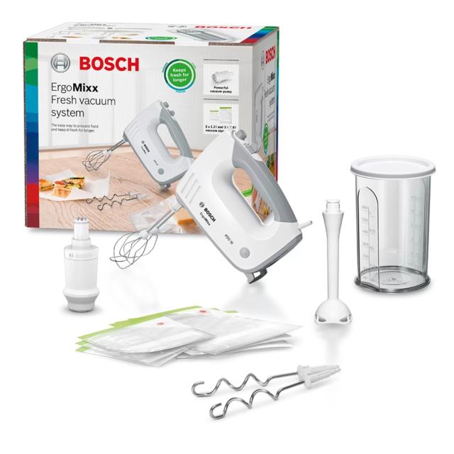 Миксер Bosch MFQ364V0, Hand mixer, 450 W, Fresh Vacuum, Vacuum pump, included nozzle-blender &  transparent jug, 5 speed settings, additional pulse/turbo setting, White