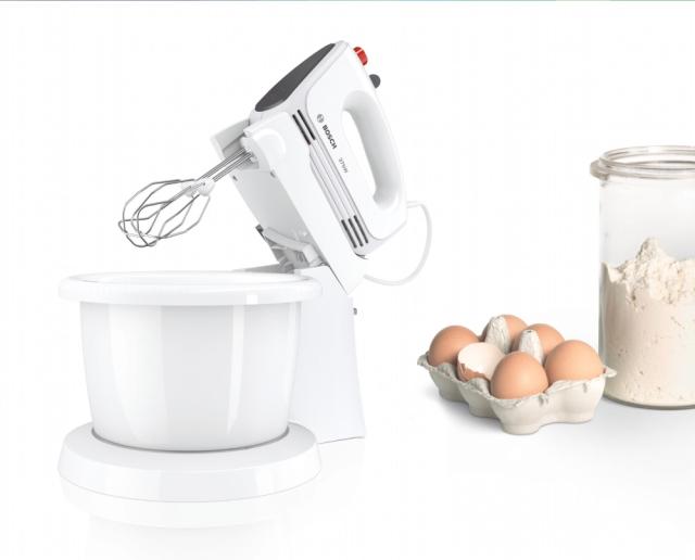 Миксер Bosch MFQ2600G, Hand mixer, 375 W, Stand with automatic rotating bowl, 4 speed settings, additional pulse/turbo setting, white