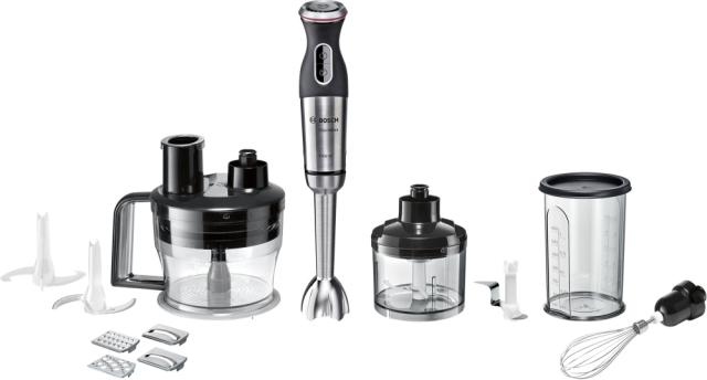 Пасатор Bosch MS8CM6190, Blender, MaxoMixx, 1000 W,  Included food processor for cutting, shredding, slicing and even kneading dough, transparent jug, chopper, stirrer and separate knife for crushing ice,  Stainless steel