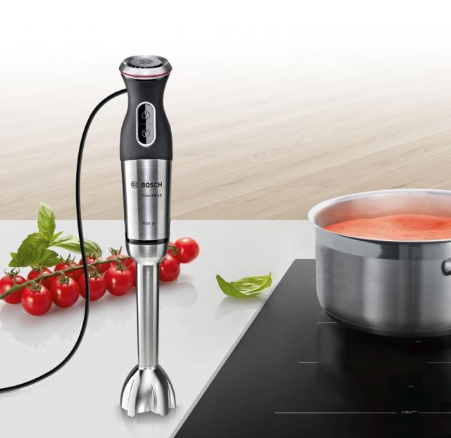 Пасатор Bosch MS8CM6190, Blender, MaxoMixx, 1000 W,  Included food processor for cutting, shredding, slicing and even kneading dough, transparent jug, chopper, stirrer and separate knife for crushing ice,  Stainless steel