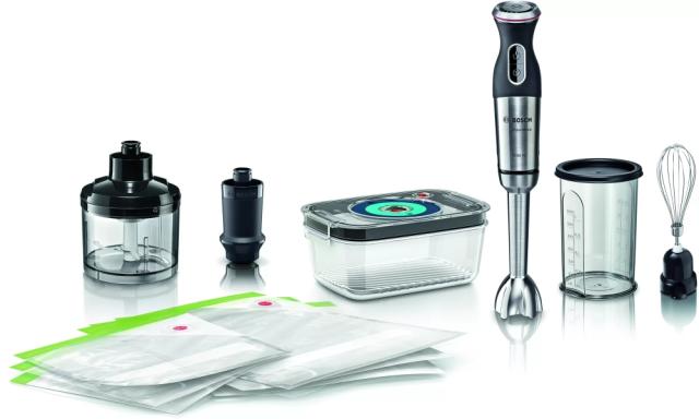 Пасатор Bosch MS8CM61V5, Blender, MaxoMixx, 1000 W, QuattroBlade Pro, Vacuum pump, vacuum container (1.0 l), 3 vacuum bags of the type (1.2 l and 3.8 l), Included transparent jug, chopper, stainless steel stirrer, Stainless steel