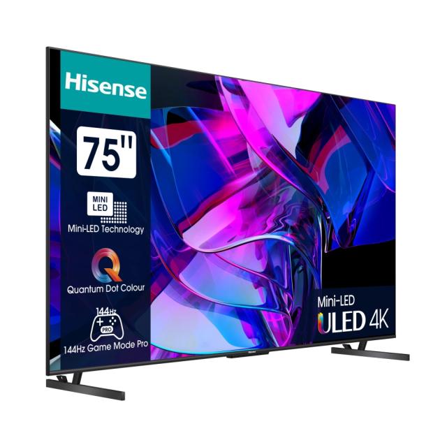 Телевизор Hisense 75" U7KQ, 4K Ultra HD 3840x2160, ULED, FALD, Quantum Dot, 144Hz, IPS, HDR 10+, HLG, Dolby Vision IQ, Dolby Atmos, Smart TV, WiFi 5GHz, WiFi Direct, BT, Anyview Cast, 4xHDMI, 2xUSB, LAN, CI+, DVB-T2/C/S2, Black