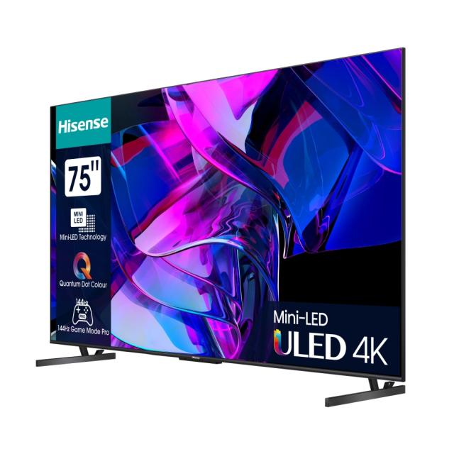 Телевизор Hisense 75" U7KQ, 4K Ultra HD 3840x2160, ULED, FALD, Quantum Dot, 144Hz, IPS, HDR 10+, HLG, Dolby Vision IQ, Dolby Atmos, Smart TV, WiFi 5GHz, WiFi Direct, BT, Anyview Cast, 4xHDMI, 2xUSB, LAN, CI+, DVB-T2/C/S2, Black