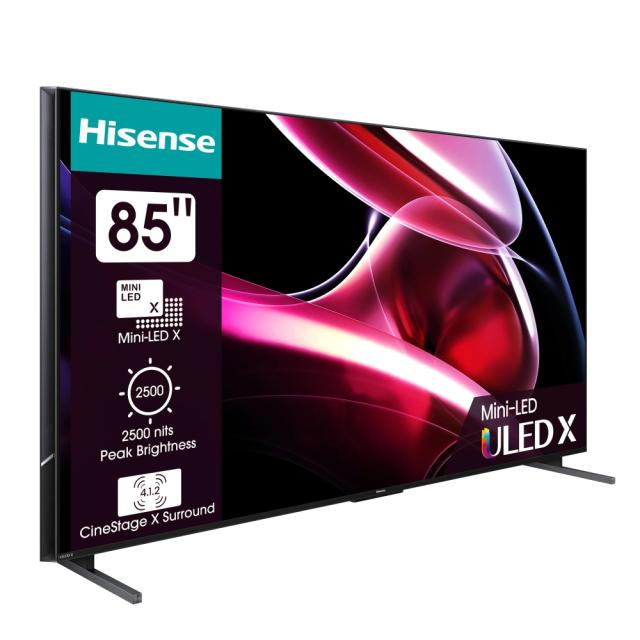 Телевизор Hisense 85" UXKQ, 4K Ultra HD 3840x2160, ULED X, FALD, Quantum Dot, 144Hz, IPS, HDR 10+, HLG, Dolby Vision IQ, Dolby Atmos, Smart TV, WiFi 6E, WiFi Direct, BT, Anyview Cast, 4xHDMI, 2xUSB, LAN, CI+, DVB-T2/C/S2, Black