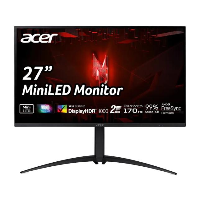 Монитор Acer Nitro XV275UP3biiprx, 27" VA, Anti-Glare, QHD Mini Led 2560x1440, 99% AdobeRGB, ZeroFrame, FreeSync Premium, up to 170Hz, 1ms, 100M:1, 600 up to 1000 cd/m2, 1xDP, 2xHDMI, Audio out, VESA, Tilt, Swivel, Hgt Adj, Pivot, Acer Display Widget