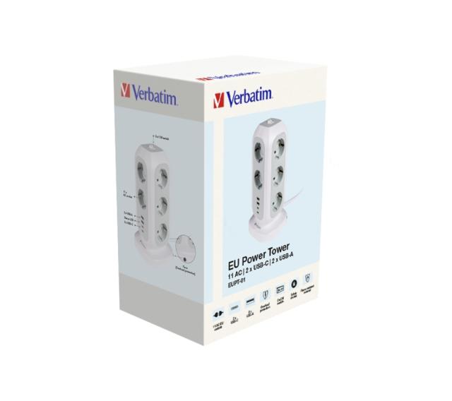 Разклонител Verbatim EUPT-01 EU Power Tower 11 AC with 2 x USB-C / 2 x USB-A