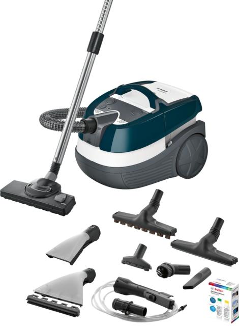Перяща прахосмукачка Bosch BWD41720, 3in1 vacuum cleaner for dry and wet cleaning, 2,5 lt dust container, 1700 W, EPA 10 primary filter, 9 m radius, liquid pick-up nozzles, parquet brush, water tank: 5 l, turquoise-white-grey