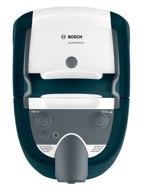 Перяща прахосмукачка Bosch BWD41720, 3in1 vacuum cleaner for dry and wet cleaning, 2,5 lt dust container, 1700 W, EPA 10 primary filter, 9 m radius, liquid pick-up nozzles, parquet brush, water tank: 5 l, turquoise-white-grey