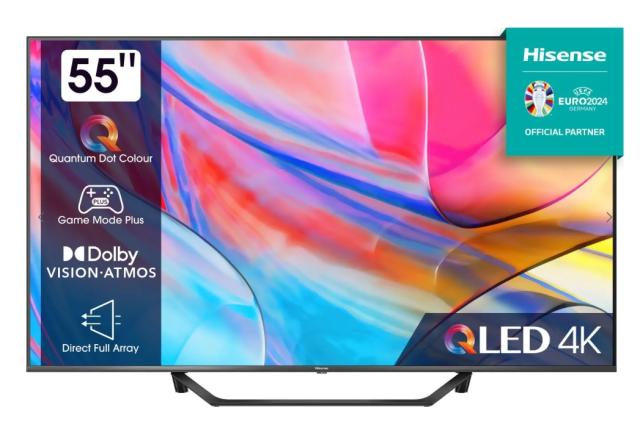 Телевизор Hisense 55" A7GQ, 4K Ultra HD 3840x2160, QLED, FALD,  Quantum Dot, HDR 10+, HLG, Dolby Vision, Dolby Atmos, Smart TV, WiFi 5GHz, WiFi Direct, BT, Anyview Cast,  3xHDMI, 2xUSB, LAN, CI+, DVB-T2/C/S2, Dark Grey