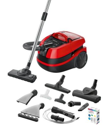 Перяща прахосмукачка Bosch BWD421PET, 3in1 vacuum cleaner for dry and wet cleaning, 2,5 lt dust container, 2100 W, HEPA H13, 12 m radius, liquid pick-up nozzles, parquet brush, turbo brush, mattress brush, water tank: 5 l, tornado red-black