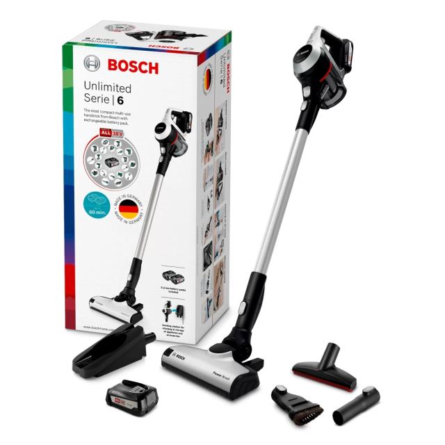 Прахосмукачка Bosch BCS612KA2, Cordless Handstick Vacuum Cleaner, Series 6, Unlimited 18Vmax, AllFloor Power brush, White
