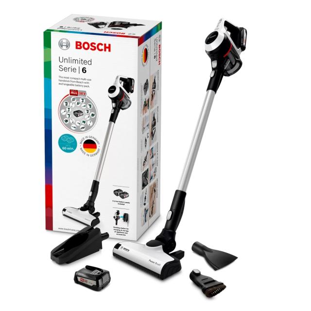 Прахосмукачка Bosch BCS612W, Cordless Handstick Vacuum Cleaner, Series 6, Unlimited 18Vmax, AllFloor Power brush, White