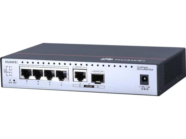 Комутатор Huawei S5731-L4P2HT-RUA (4*10/100/1000BASE-T ports, PoE++, 1*GE hybrid optical-electrical SFP port, 1*10/100/1000BASE-T port, PoE input)