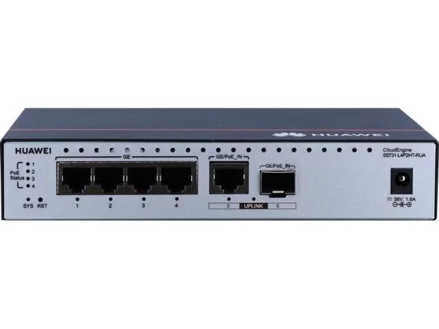 Комутатор Huawei S5731-L4P2HT-RUA (4*10/100/1000BASE-T ports, PoE++, 1*GE hybrid optical-electrical SFP port, 1*10/100/1000BASE-T port, PoE input)