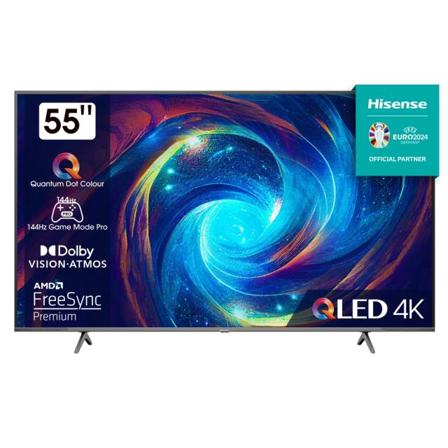 Телевизор Hisense 55" E7KQ Pro, 4K Ultra HD 3840x2160, QLED, Quantum Dot, 120Hz, HDR 10+ adaptive, HLG, Dolby Vision, DTS Virtual X, Smart TV, WiFi 5GHz, WiFi Direct, BT, Anyview Cast, 3xHDMI, 2xUSB, LAN, CI+, DVB-T2/C/S2, Black