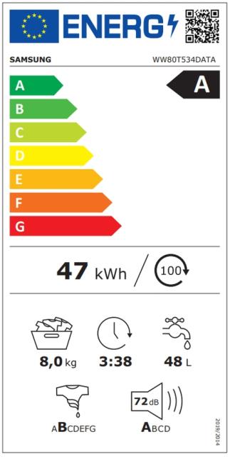 Пералня Samsung WW80T534DATAS7, Washing Machine, 8 kg, 1400 rpm,  Digital inverter motor, Energy Efficiency A, Spin Efficiency B, AI Control, Auto dispense, Eco Bubble, Bubble Soak, Hygiene Steam, WiFi , Smart Things, AI Energy mode, White, Black doo