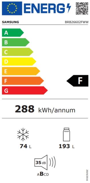 Хладилник Samsung BRB26602FWW/EF, Refrigerator integrated, Fridge Freezer, 267l (193l/74l), SpaceMax, No Frost, All-Around Cooling, Fresh Zone, DIT, Energy Efficiency F, H 177.5 cm, White