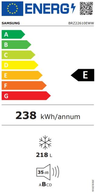 Фризер Samsung BRZ22610EWW/EF, Freezer with 1 built-in door, 218l, SpaceMax, No Frost, All-Around Cooling, Fresh Zone, DIT, Energy Efficiency E, H 177.5 cm, SmartThings AI Energy Mode, Wi-Fi, Snow White