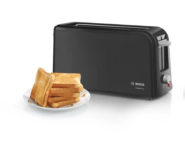 Тостер Bosch TAT3A003, Plastic toaster CompactClass, 825-980 W, For 1 long or 2 small slices of toast, Black