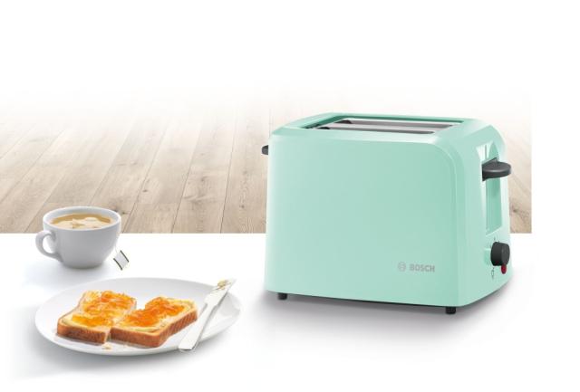 Тостер Bosch TAT3A012, Plastic compact toaster, 825-980 W, for two slices of toast, mint turquoise/black grey