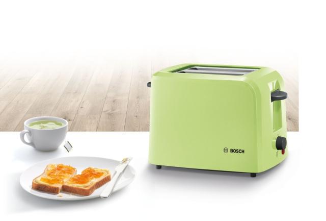 Тостер Bosch TAT3A016, Plastic compact toaster, 825-980 W, for two slices of toast, matcha green/black grey
