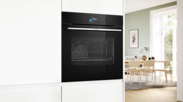 Фурна Bosch HRG7784B1, SER8, Built-in Steam oven 60 x 60 cm, 71 l, TFT touch display, Digital control ring, 4D hot air, Air fry, Added steam, Pyrolytic+Hydrolytic, Oven Assistant, Meatprobe, A+, HC, Black